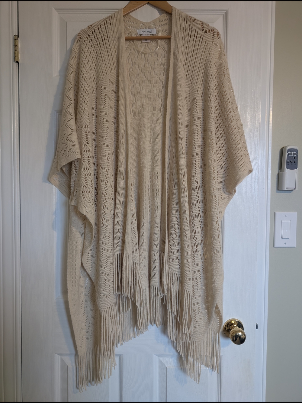 Nine West Cream Open-Knit Fringe Poncho Sweater